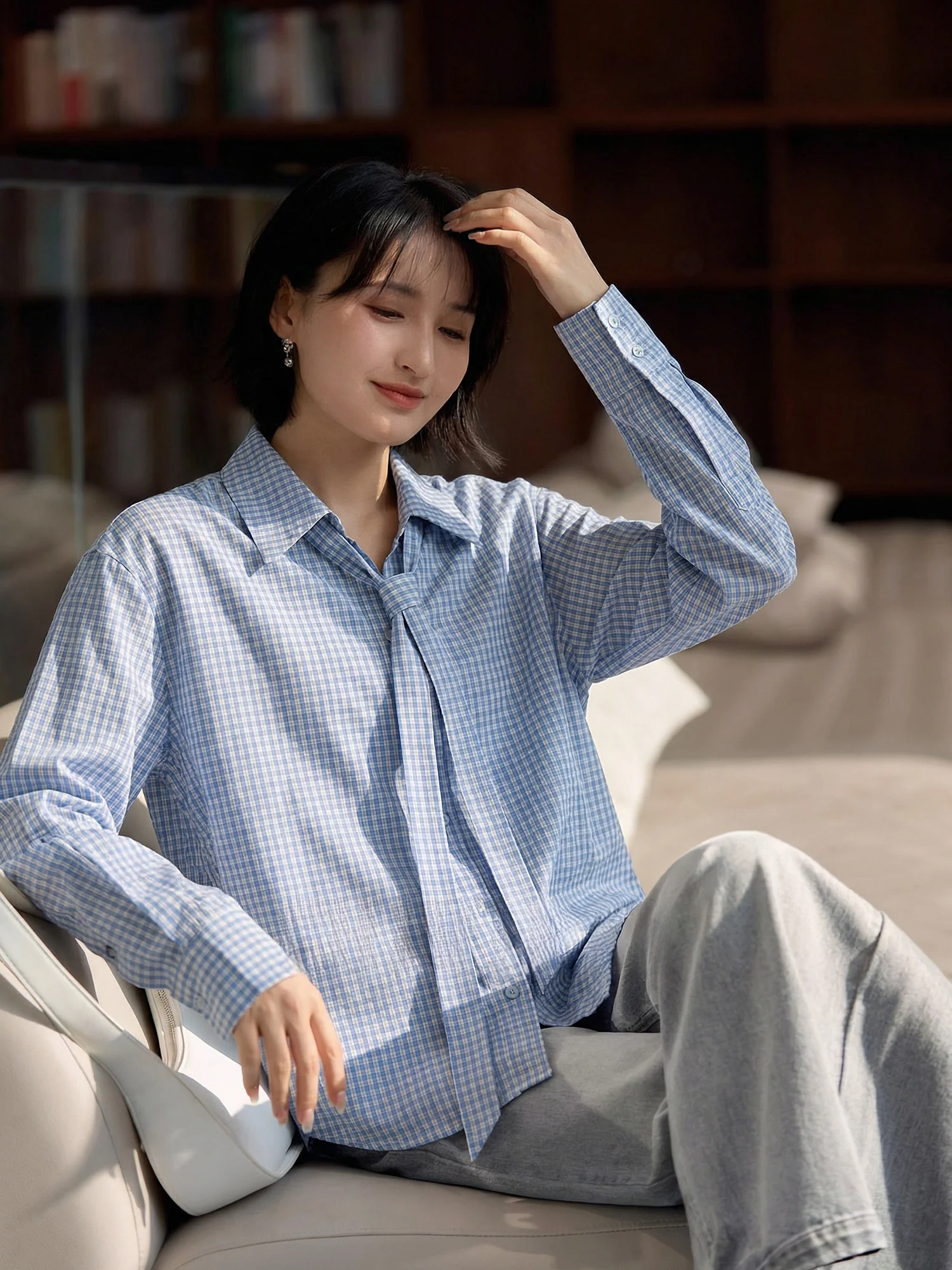 

Slimming Long Sve irt Vintage Commute Sle Women's Spring Design Cotton Striped Plaid irt Ele Thinming Busin S...