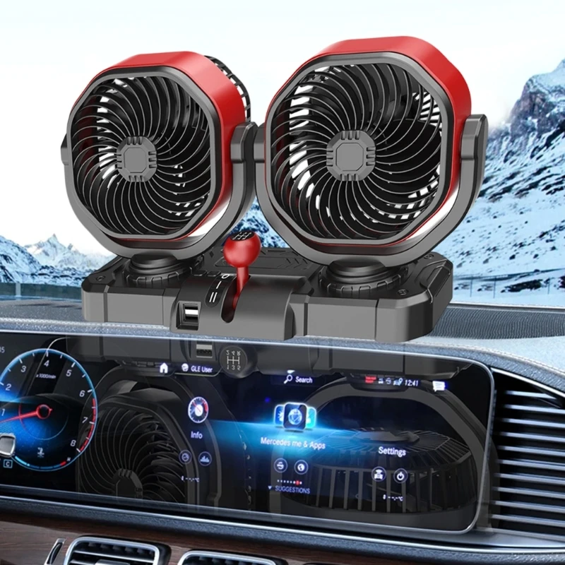  Double Head Vehicle Fan 12V 24V with Brushless Motor Low Noise Cabin Airflows Fan for Truck RVs Car Dashboard Cooling Use