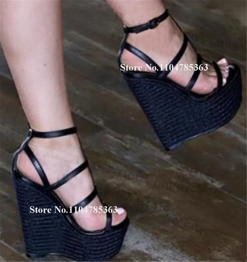 

Sexy Black Beige Patchwork Straw Wedge Sandals Open Toe T-straps Super High Platform Wedges Party Heels Big Size