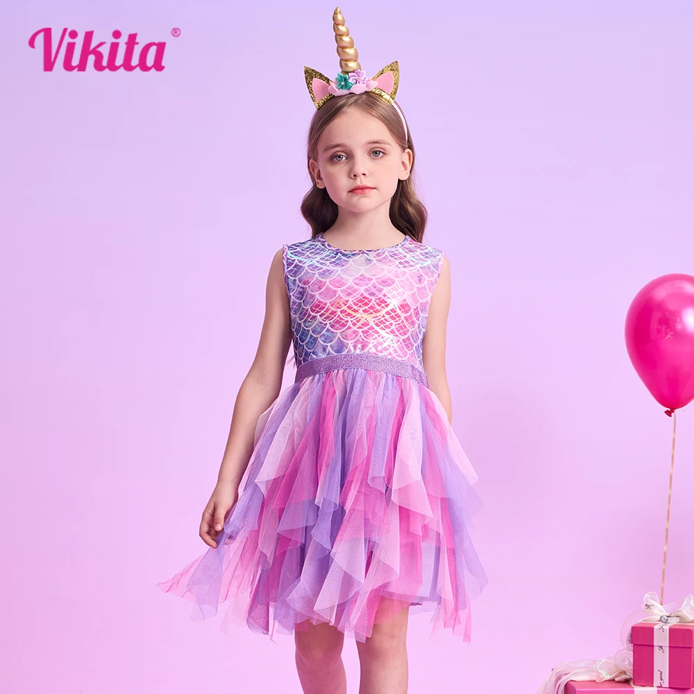 VIKITA Girls Mermaid Print Dress Kids Sleeveless Summer Vestidos Girls Patchwork Dresses Kids Layered Mesh Tulle Cake Dress