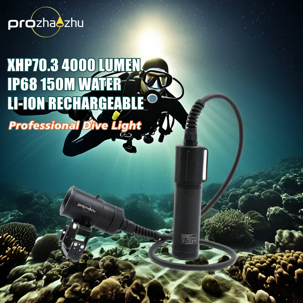 Professional XHP70 LED 4000 Lumen Canister Diving Light Rechargeable Battery IP68 150M 3 Modes Scuba Technical Diving Lights