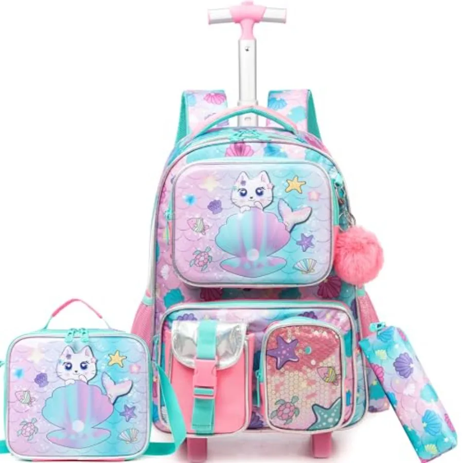 

Cute Cat Rolling Backpack with Wheels for Girls Rolling Backpacks with Lunch Box for Elementary School Students 3 in 1 Travel L