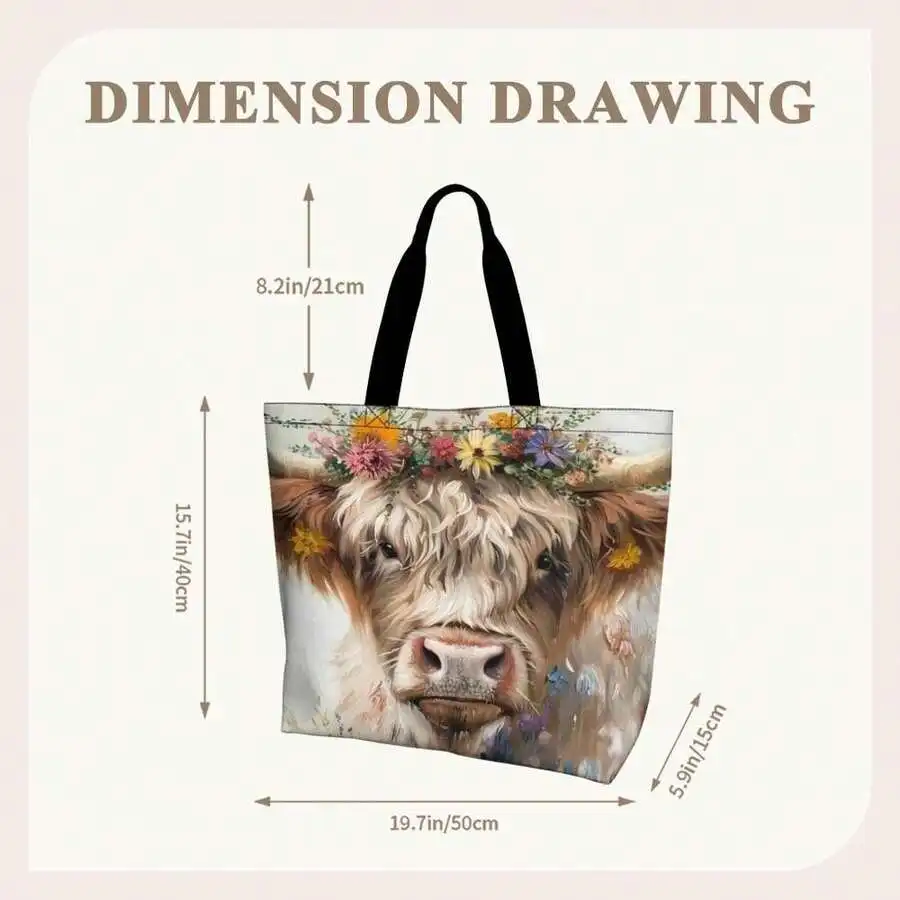

Highland Cow Flower Crown Tote Bag Women Casual Pastoral Style Shopping Bag