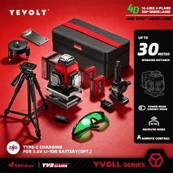 YEVOLT YVGLL4XS16 16 라인 4면 녹색 레이저 레벨 도구 4D, 3Ah/5.2Ah 전력 셀프 레벨링 기계 수평 및 수직
