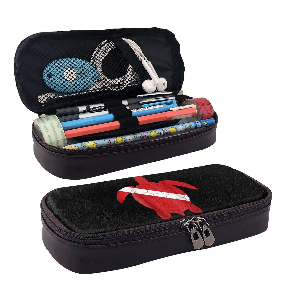 Diver Down Dive Flag Turtle For Scuba Diving Leather Pencil Case for Studen School Pen Box Pencil Bag Stationery Supplies
