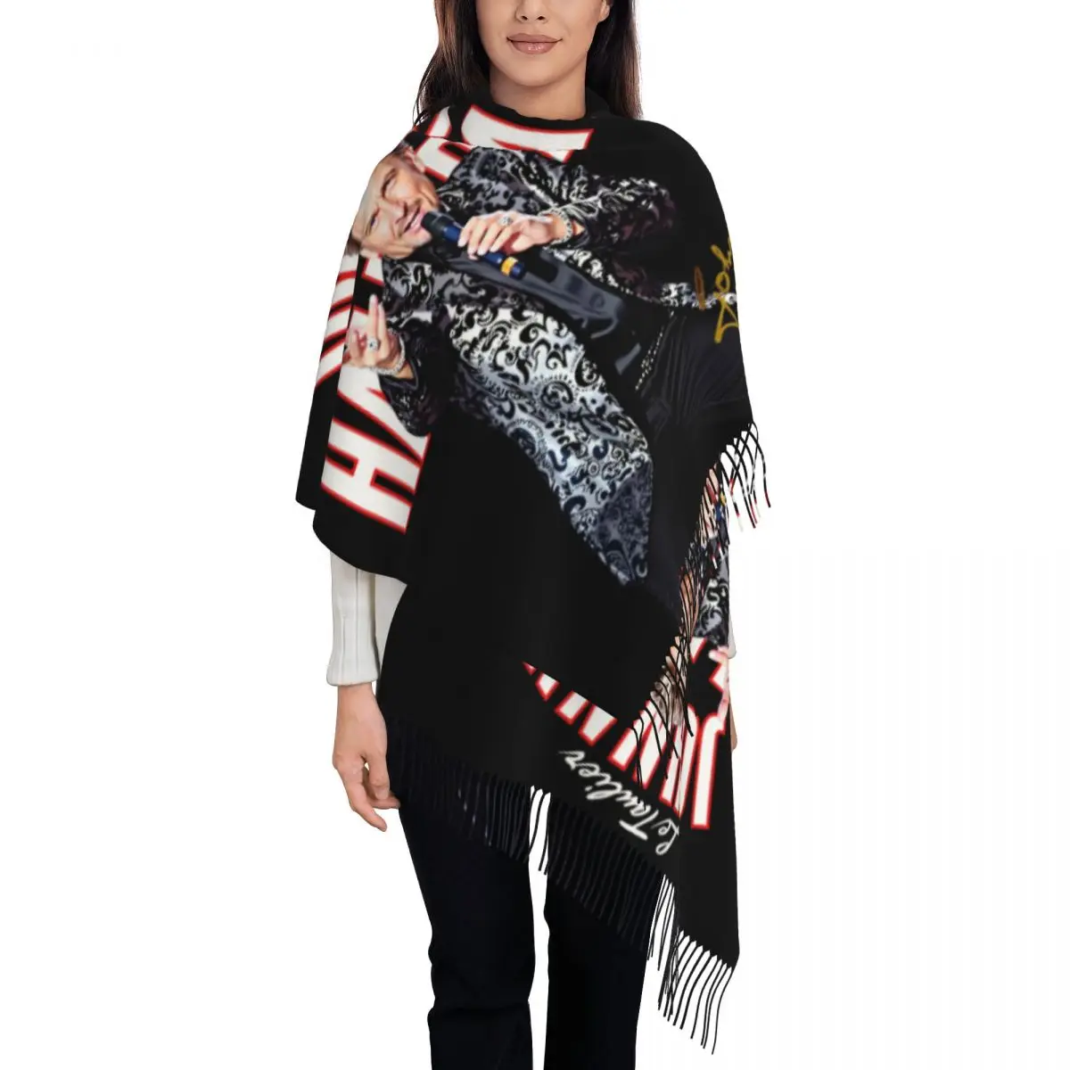 

Custom Female Large Johnny Hallyday French Rock Scarves Women Winter Thick Warm Tassel Shawl Wraps France Singer Scarf