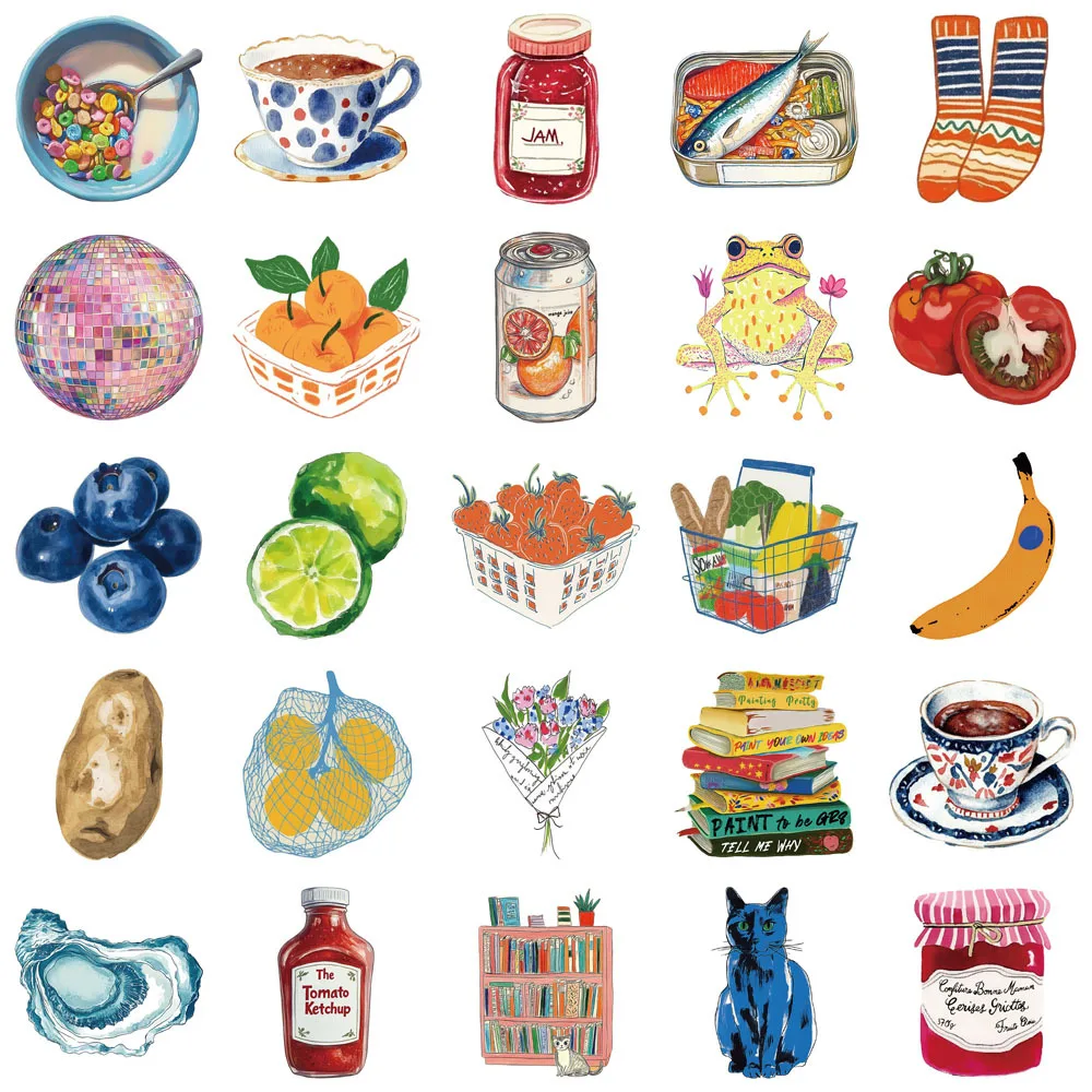 50PCS Aesthetic Watercolor Food Life Stickers Room Decor Vintage Fruit Canned Pattern for Kids Adults Laptop Phone Case Decor