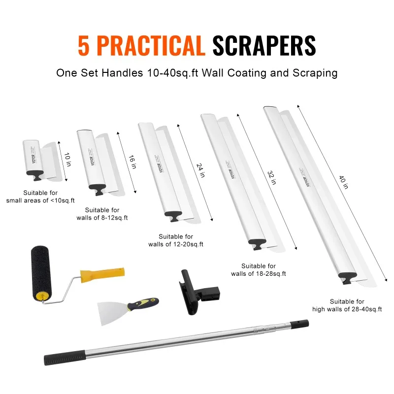 Drywall Skimming Blade Set 10/16/24/32/40 inch Skimming Blades + 34-81.6 in Extension Handle Pole Stainless Steel Knife