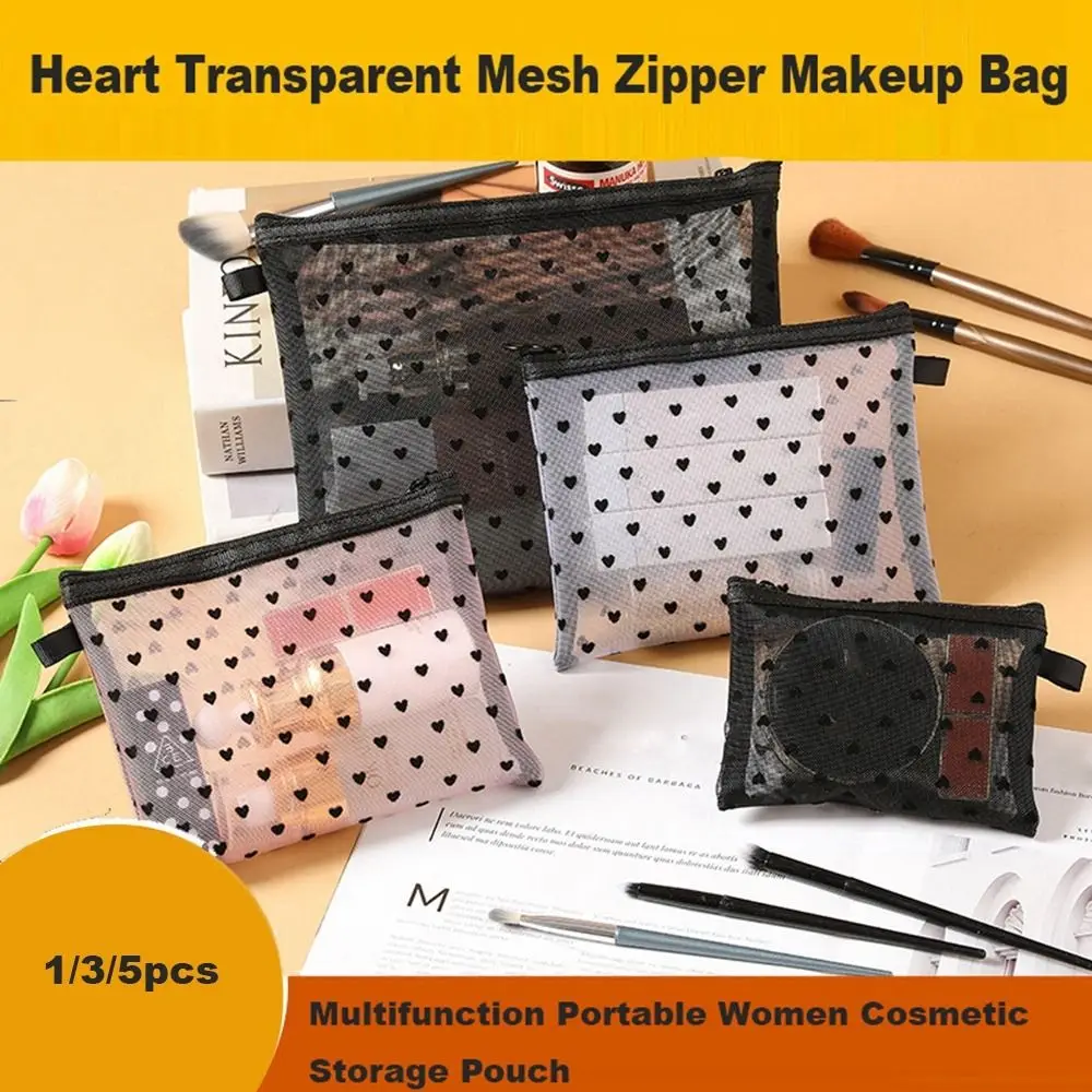 

1/3/5pcs Heart Transparent Mesh Zipper Makeup Bag Black/Pink/Beige Multifunction Ladies Toiletry Storage Bag Portable