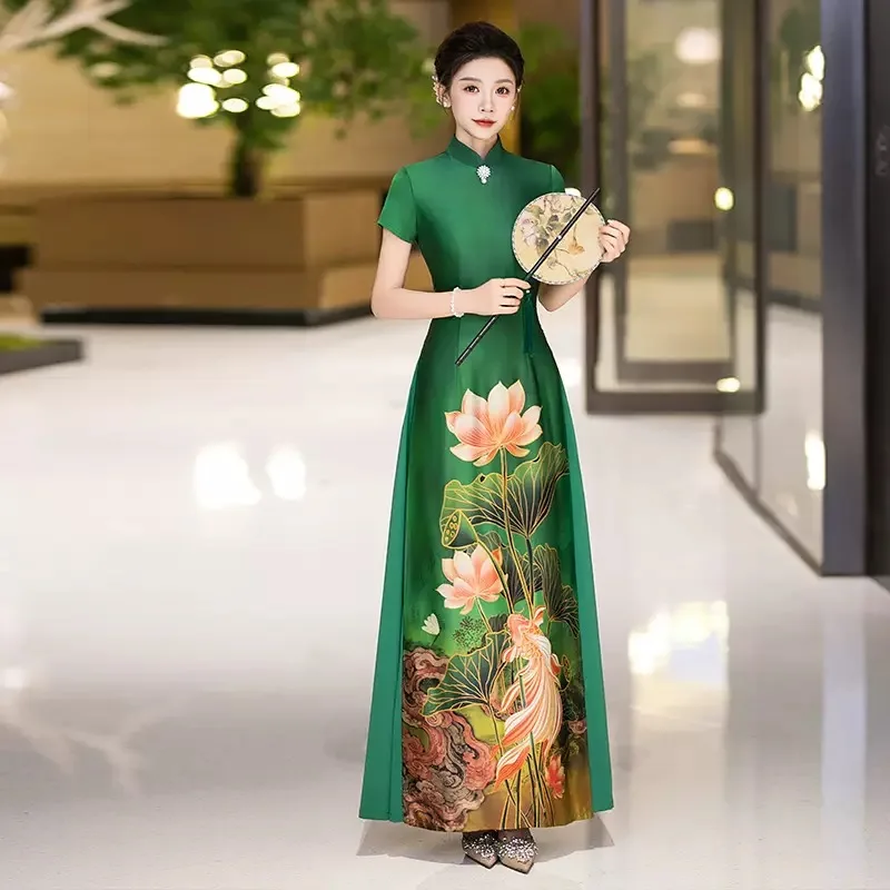 

Женское вьетнамское традиционное платье Cheongsam Aodai с коротким рукавом и цветочным принтом, вечернее платье для сценических танцев