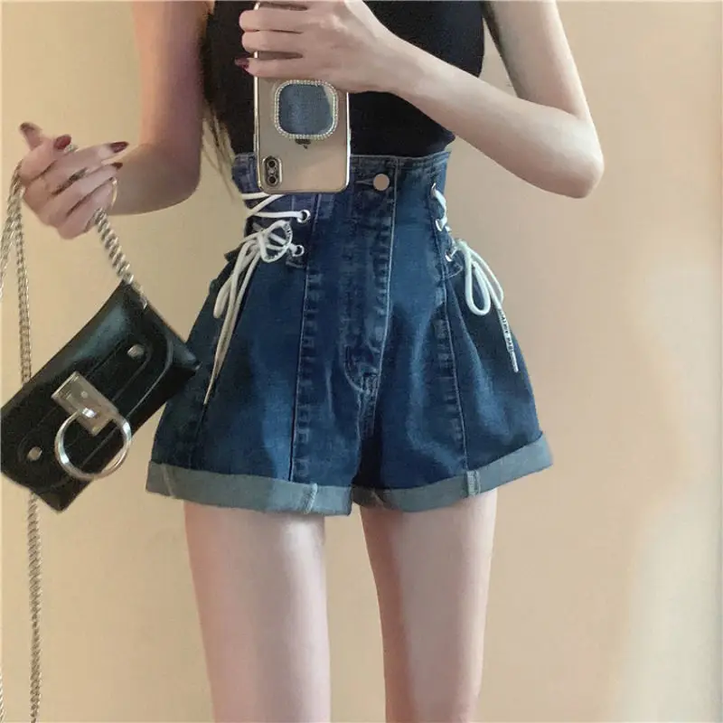 Frühling Sommer 2023 Mädchen schnüren Jeans shorts weibliche helle lose lose hohe Taille weites Bein kurze Jeans