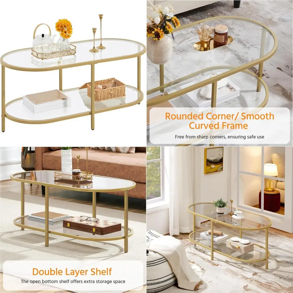 

Овальный стеклянный журнальный столик для гостиной, двухуровневый центральный стол для хранения вещей для небольших помещений, офисного использования