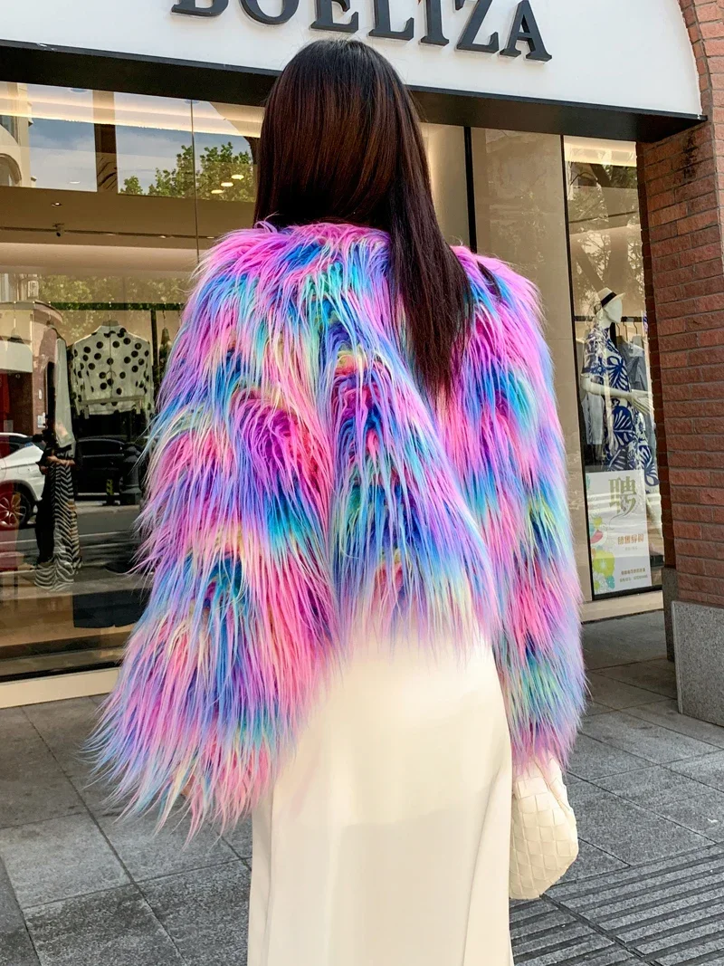 Autumn Winter New Popular Dream Purple Faux Fur Coat Women's Imitation Beach Sheep Woolen Short Colorful Long Sleeves Top Jacket