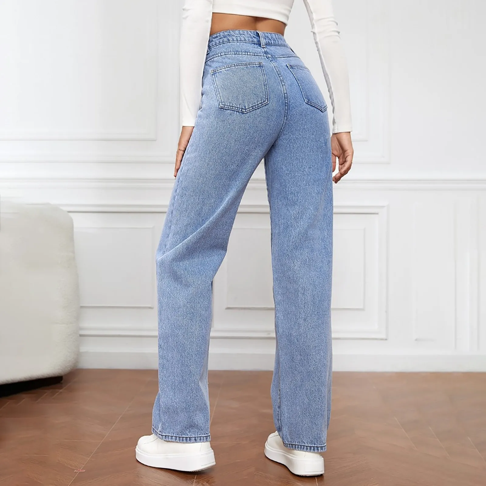 Dames Jeans Rechte Broek Denim Wast Hoge Taille Losse Zakken Basics Enkellange Broek Effen Kleur Lichte Strech Y 2K