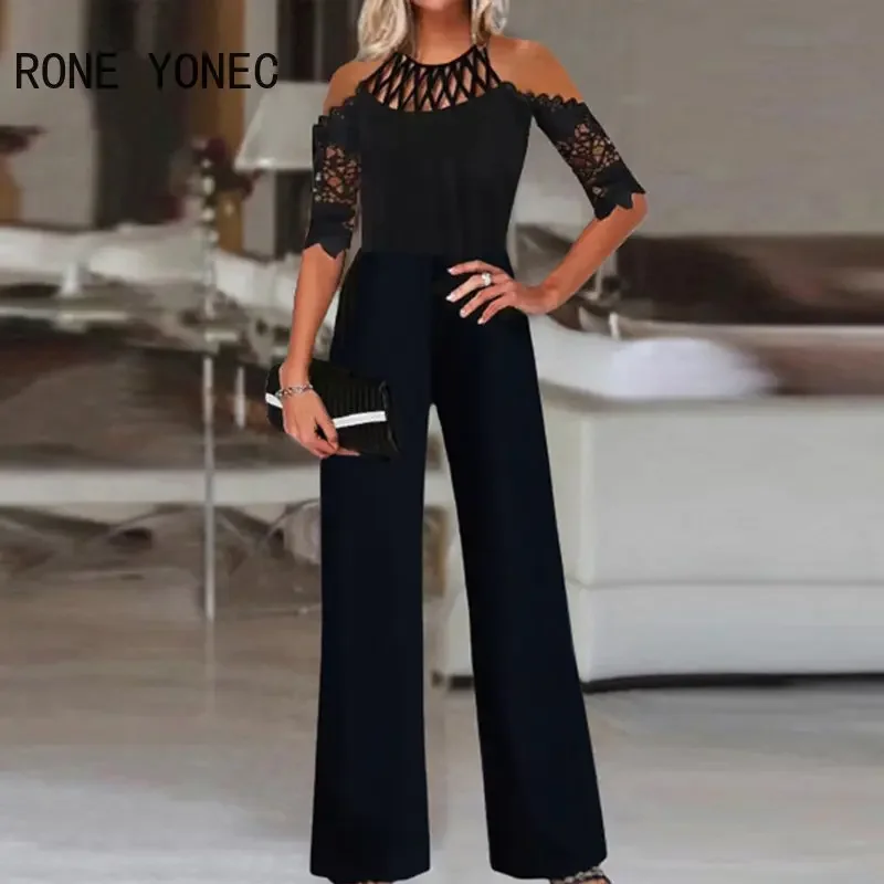 

2023 Women Elegant Solid Criss Cross Decor Short Lace Sleeves Straight Leg Working Jumpsuit