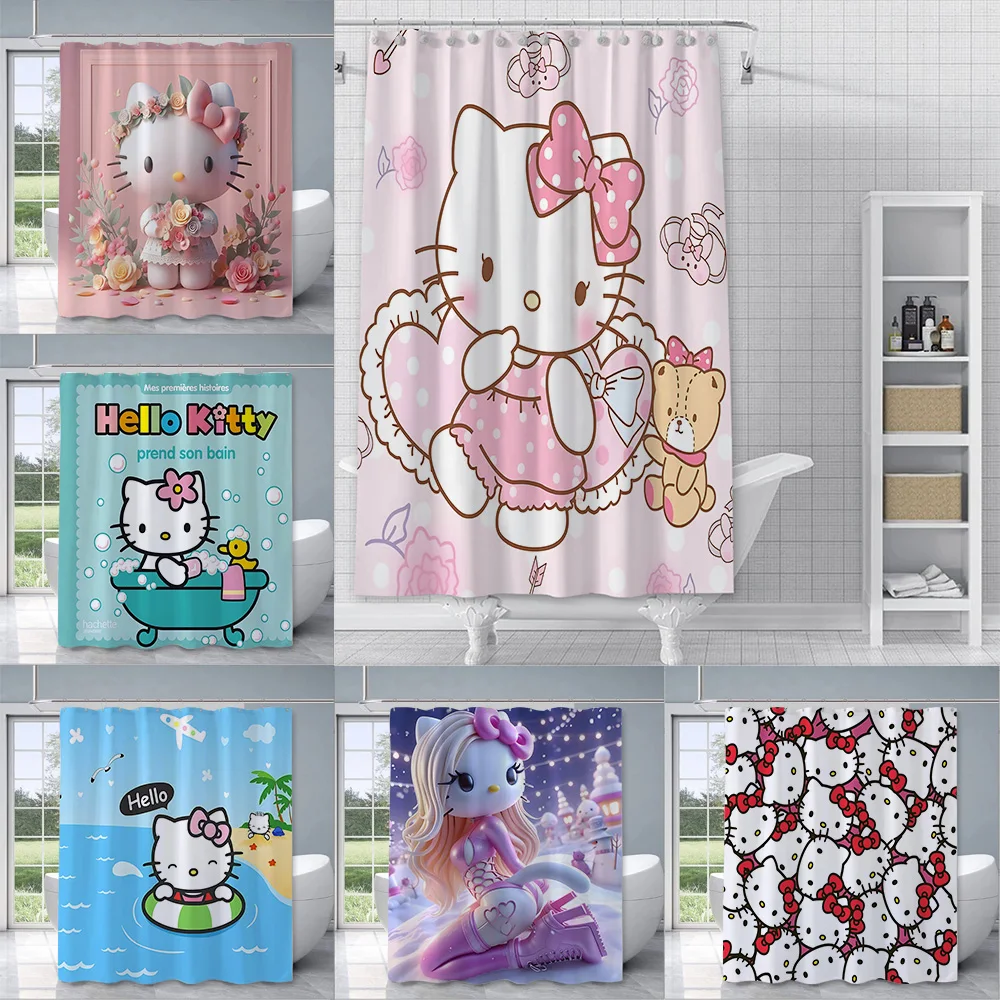 

Cute Hello Kitty Shower Curtain Waterproof Polyester Fabric Paint Colorful Bath Curtains Home Bathroom Decor Curtain With Hook