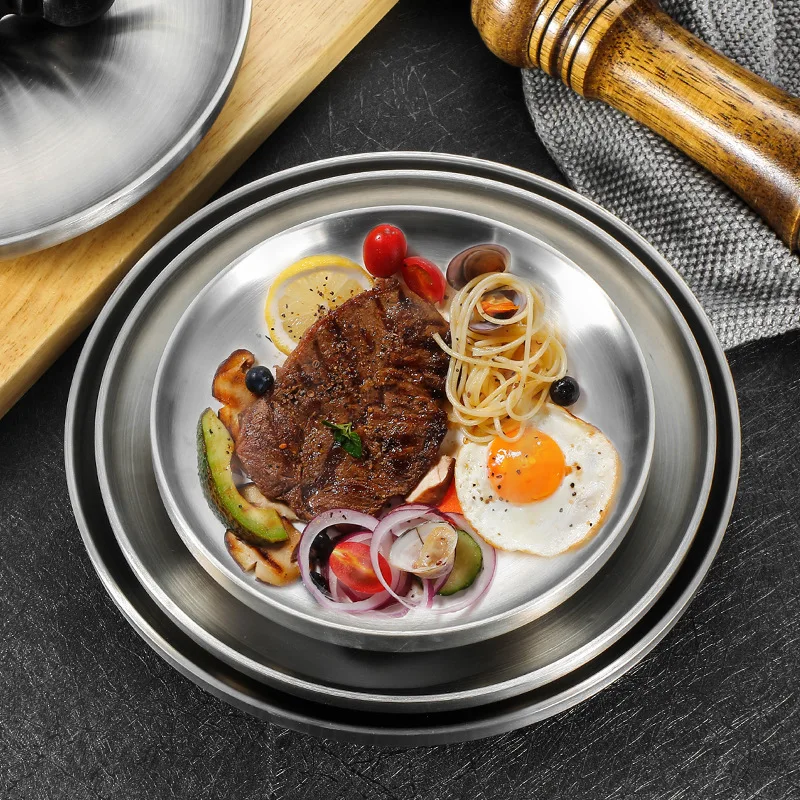 304 Stainless Steel Round Plate, Double-Walled Insulated Dinner Plate, Plates for Snack, Dishes and Fruit