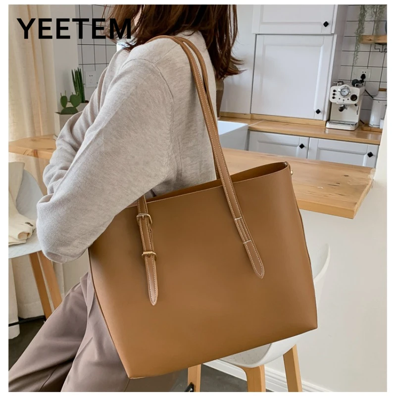 PU Tote Bag Girl 2022 New Double Root Coffee PU Large Capacity  Portable Solid Color Mother Bag Sac A Main Femme