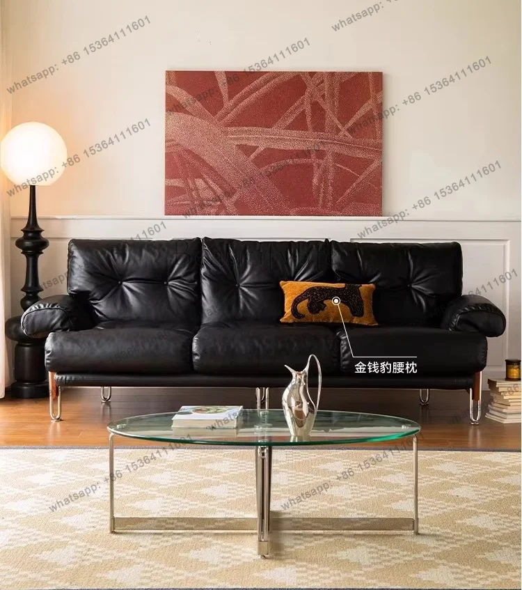 PG retro black leather first layer cowhide sofa medieval small apartment living room solid wood high backrest
