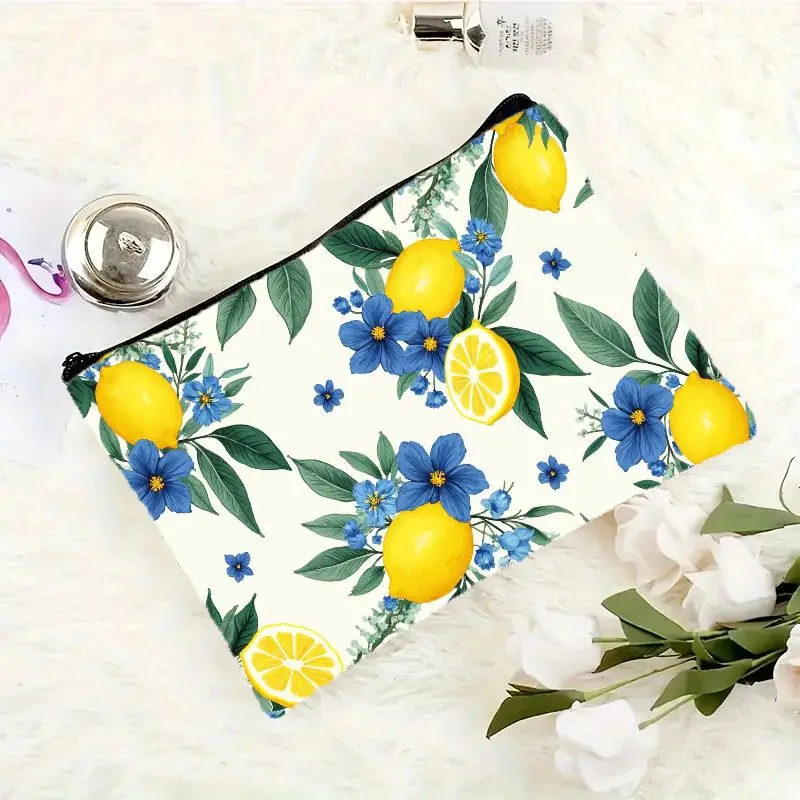 

Яркая косметичка с цветочным принтом лимонно-синего цвета, многофункциональная сумка на молнии для женщин, идеальная дорожная сумка для хранения вещей на молнии