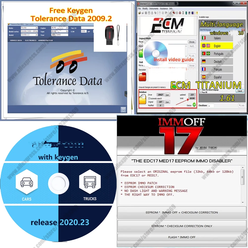 

Cars accessories Software tools Tolerance Data 2009.2+Immo Off iMMOFF17+Ecm titanium 1.61+Auto+com 2020.23 with keygen video