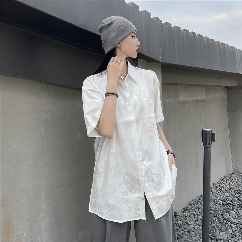 QWEEK Vintage Harajuku Punk Blouse Women Dragon Print Shirt Chinese Style Short Sleeve Button Up Tops Black Oversized Clothes