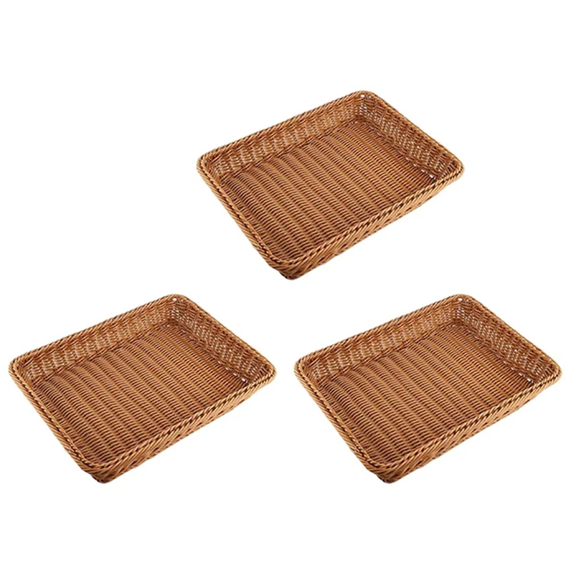 3X Plastic Rattan Basket, Bread Basket Bread Shop Supermarket Display Basket,Brown