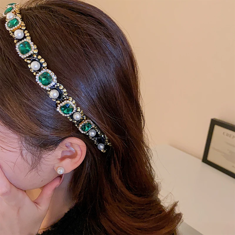 Pearl Inlaid Rhinestone Narrow Edge Hairwears for Women Retro Style High Skull Top Pressure Hairband Hair Accessories Wholesale