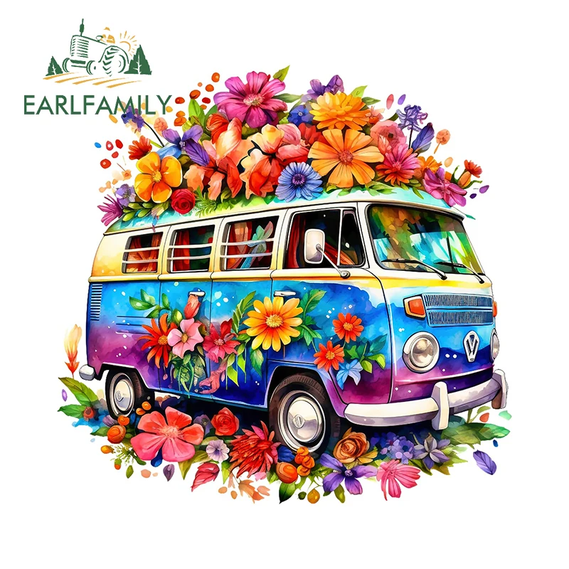 

EARLFAMILY Hippie Surf Van Flower Car Stickers Cool Camping Car Accessory Beautiful Scratch-Proof Personality Car Gadget