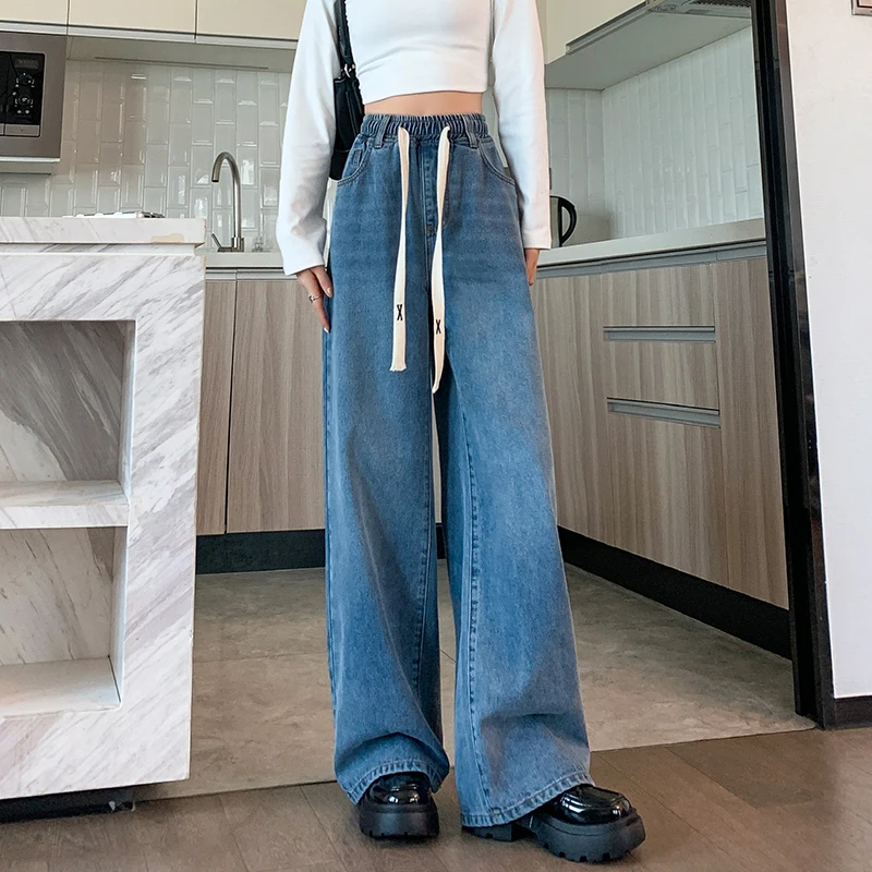 L-6XL プラスサイズの女性のジーンズ春 2025 ハイウエストストレートルーズブルージーンズズボンワイドレッグ巾着大きいサイズのジーンズ女性
