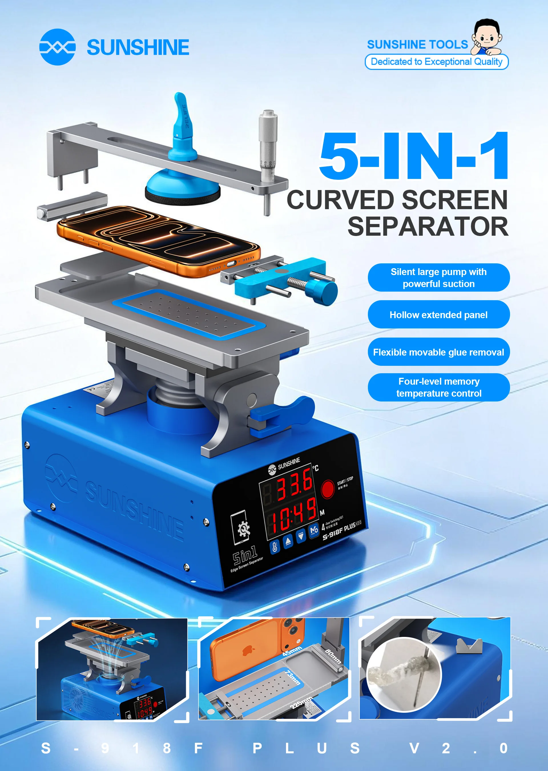 SUNSHINE S-918F Plus V2.0 5 in 1 Curved Screen Separator For Heating/Separating/Removing Glue/Dismantling Frames/Screens