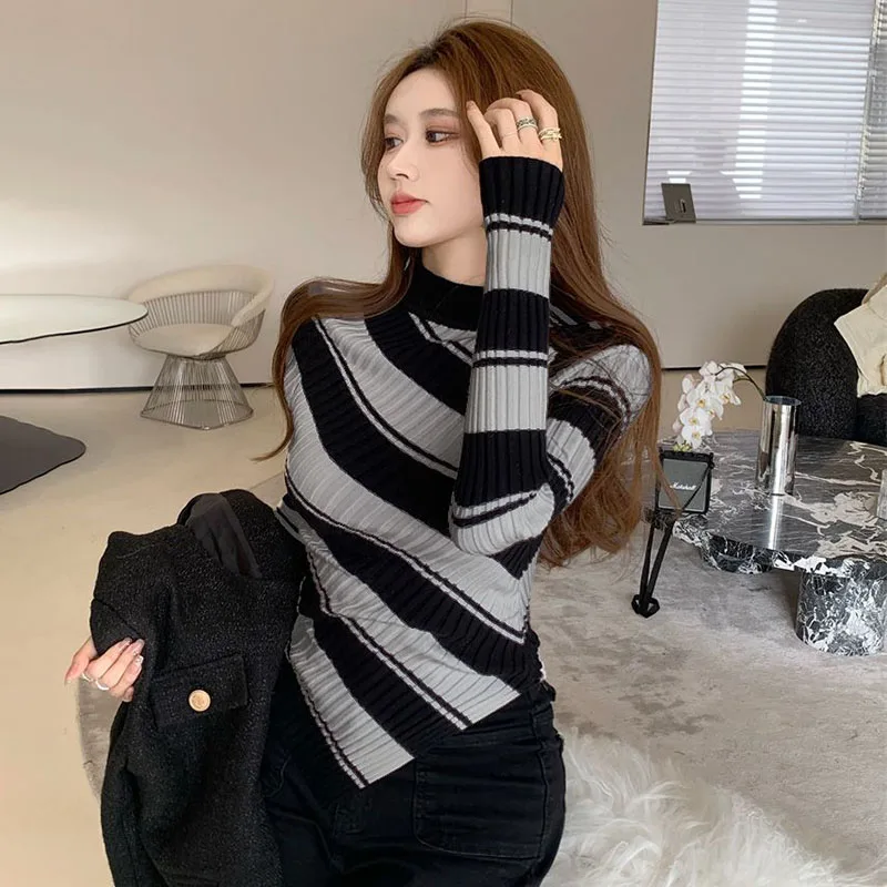 Lucyever Black White Striped Knitted Sweaters Female Fashion Irregular Long Sleeve Jumpers Women Korean Slim Fit Knit Pullovers