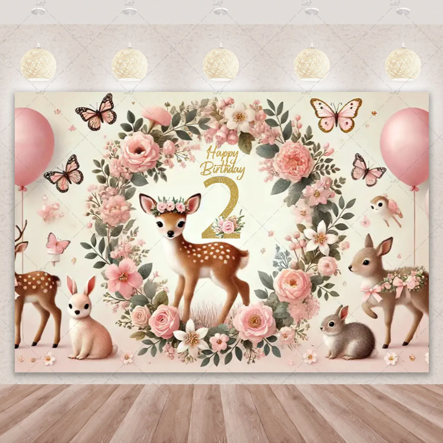 Cute Deer Backdrop Flower And Fawn Birthday Party Decorations Customized Sparkling Number Beautiful Jungle Wild Animals Banner