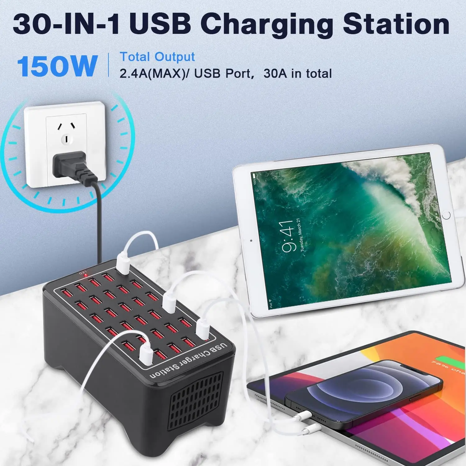 150W USB Charging Station 10 15 20 25 30 Multi Port Universal Desktop USB Charger for Phone and Tablet US EU AU UK Power Adapter