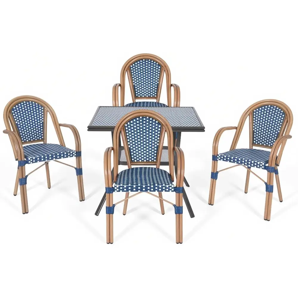 

All-Weather Wicker Outdoor Patio Dining Set with Square Table and 4 Chairs, Blue/White