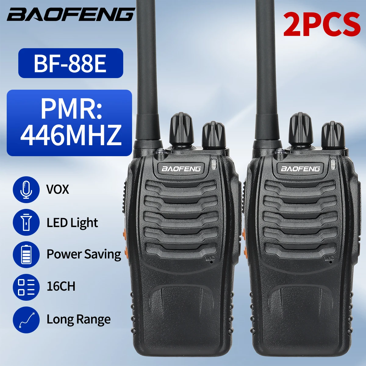 

2PCS Baofeng BF-88E Walkie Talkie PMR 446MHz 1500mAh 16 Channel Long Range Flashlight Upgraded BF-888S Power Saving Ham Radio