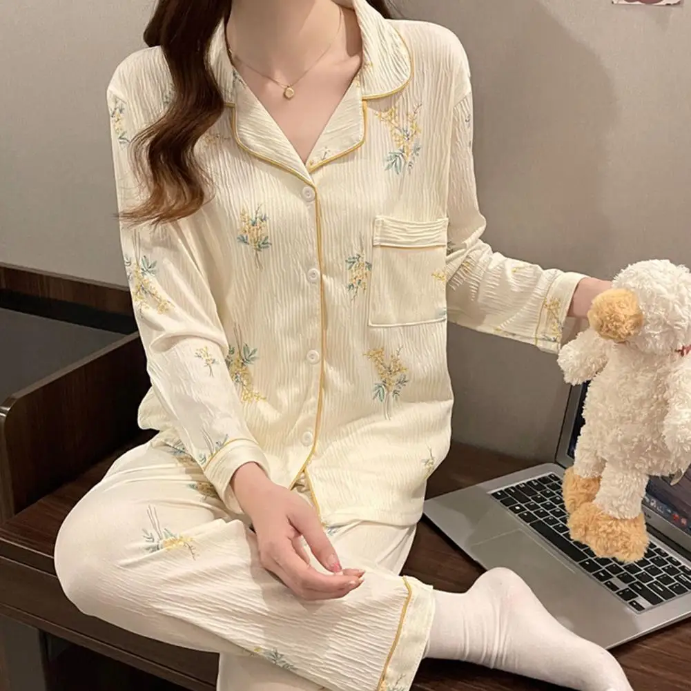 Women Loungewear Set Comfortable Stylish Women's Loungewear Set with Flower Print Pockets Elastic Waist for Fall Spring Seasons