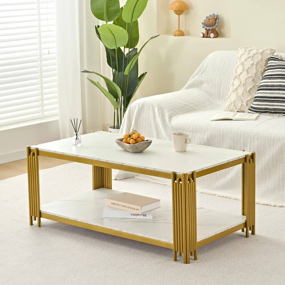 Weißgoldener Luxus-Rechteckiger Couchtisch mit Marmorplatte & Metallbeinen, Moderner Stilvoller Beistelltisch für Wohnmöbel-Dekoration