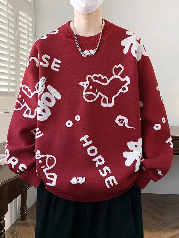 

Новогодний свитер с красным принтом Good Lu, мужской свободный вязаный свитер с круглым вырезом, универсальный теплый зимний топ для подростков и взрослых