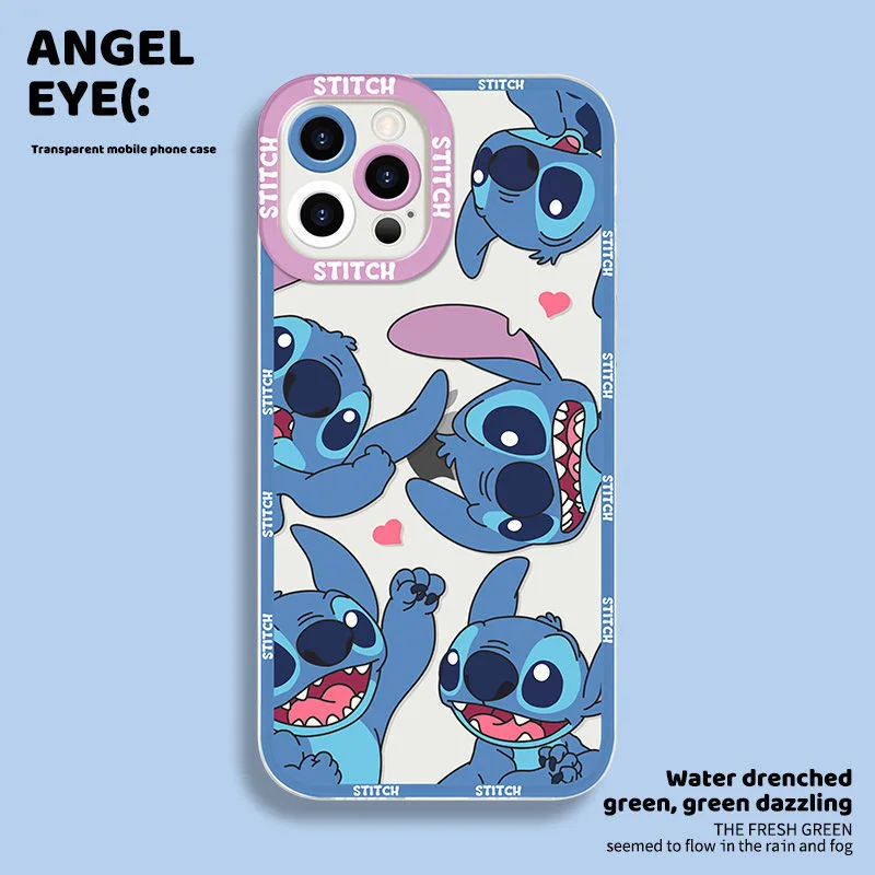 Disney Pink Stitch Blue Angel Phone Case For iPhone 16 15 14 13 12 11 Mini Pro Max X XR XSMax 7 8 Plus SE20 Transparent Cover