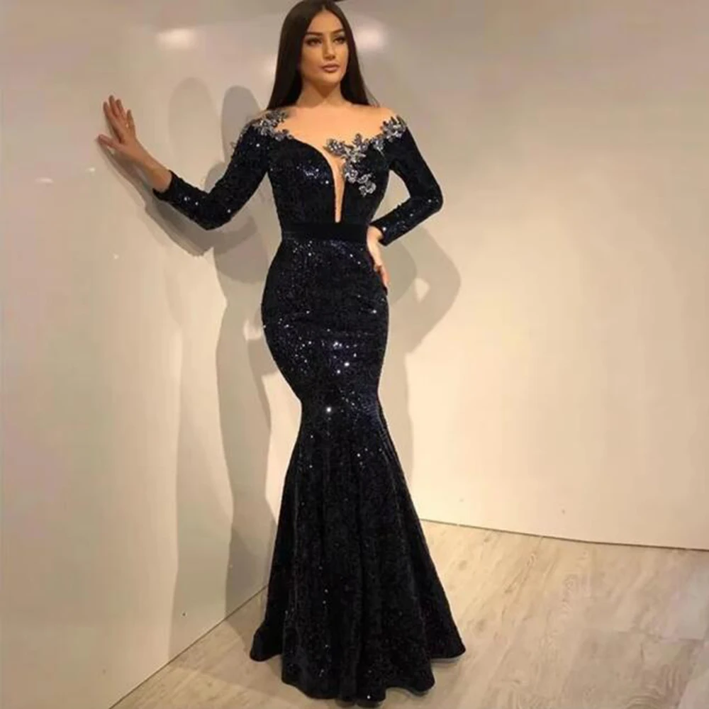 

Elegant Blue Mother of the Bride Dresses O-neck Floor Length Long Sleeves Appliques Sequins Mermaid Women Prom Banquet Gowns