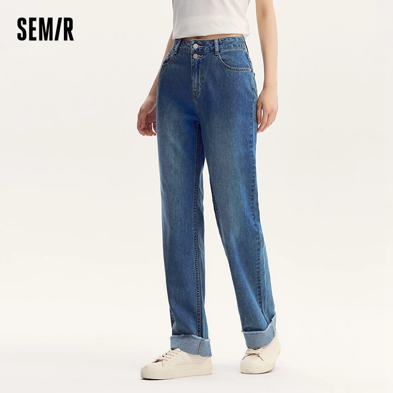 Semir Jeans Women Rolled Hem Cotton Straight Leg Jeans 2024 Autumn New Cool and Edgy Frayed Long Pants