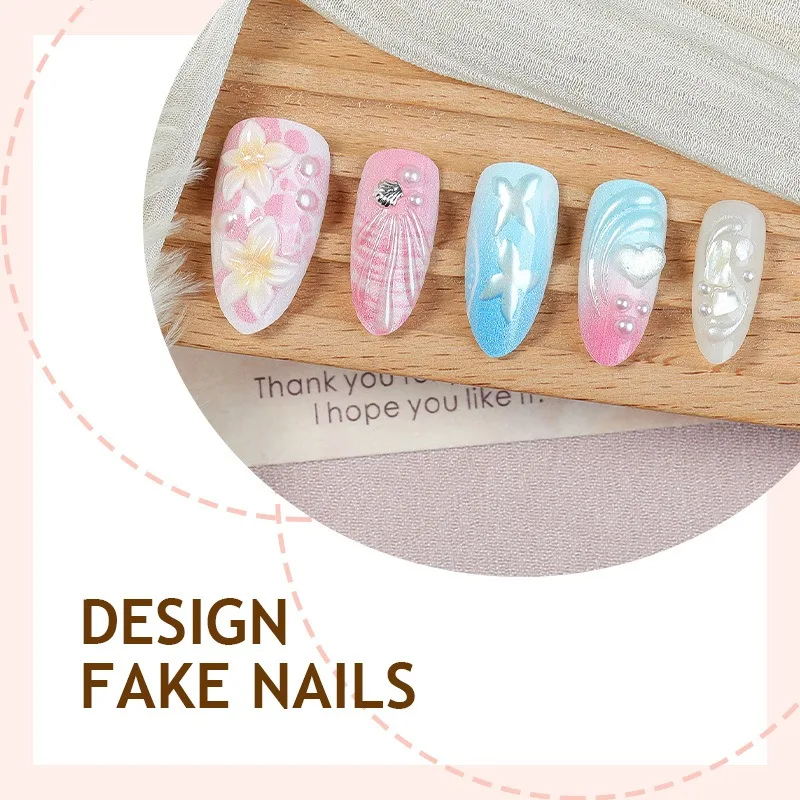 

24PCS Summer 3D Flowers Almond Stick on False Nails Pink Blue Gradient French Nail Tips with Jellyfish Pearl Designs Fake Nails
