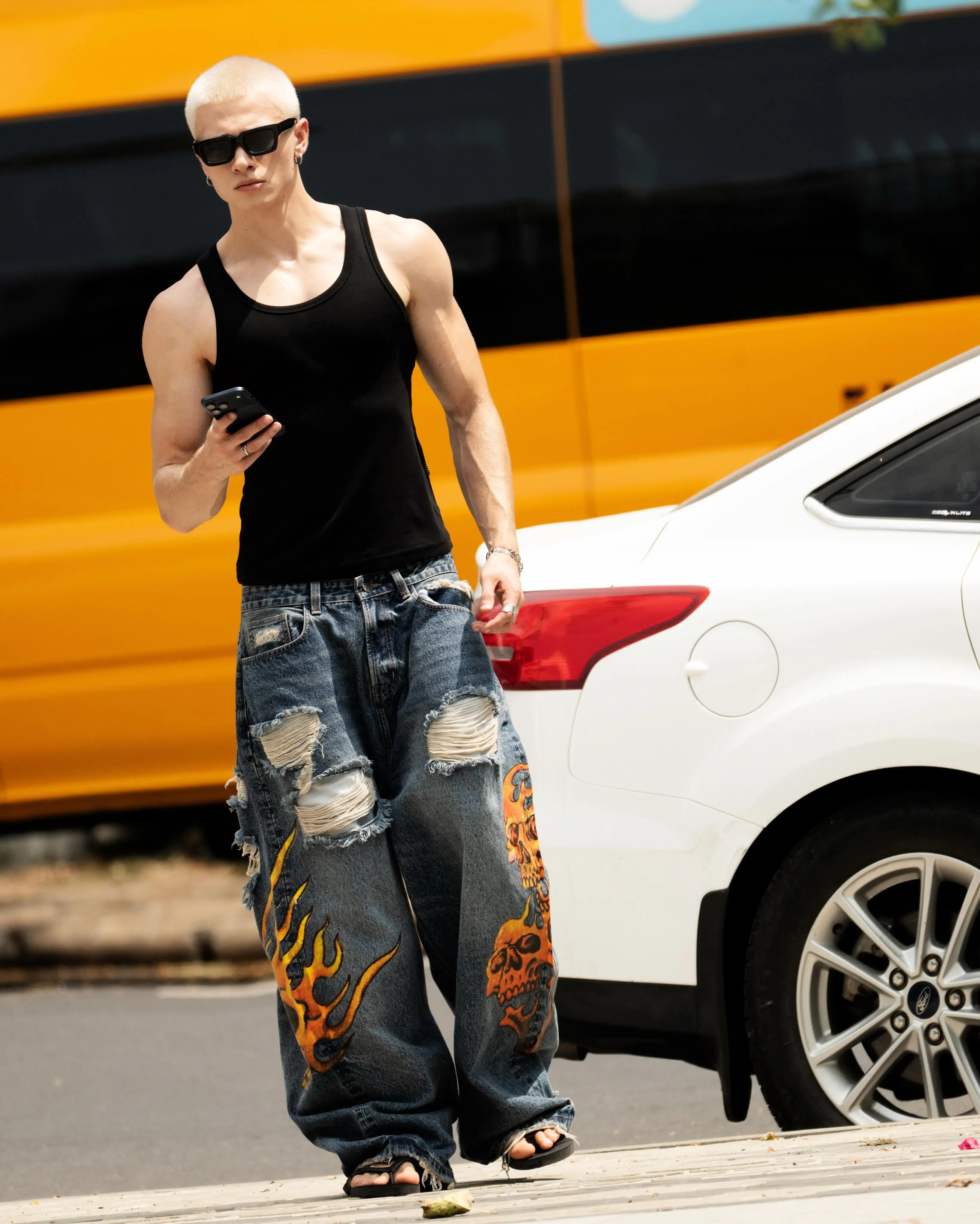 Calças Jeans Baggy Rasgadas para Homens e Mulheres, Jeans Vintage Y2K com Estampa, Calças Hip-hop Estilosas, Calças de Perna Larga, Roupas Streetwear 