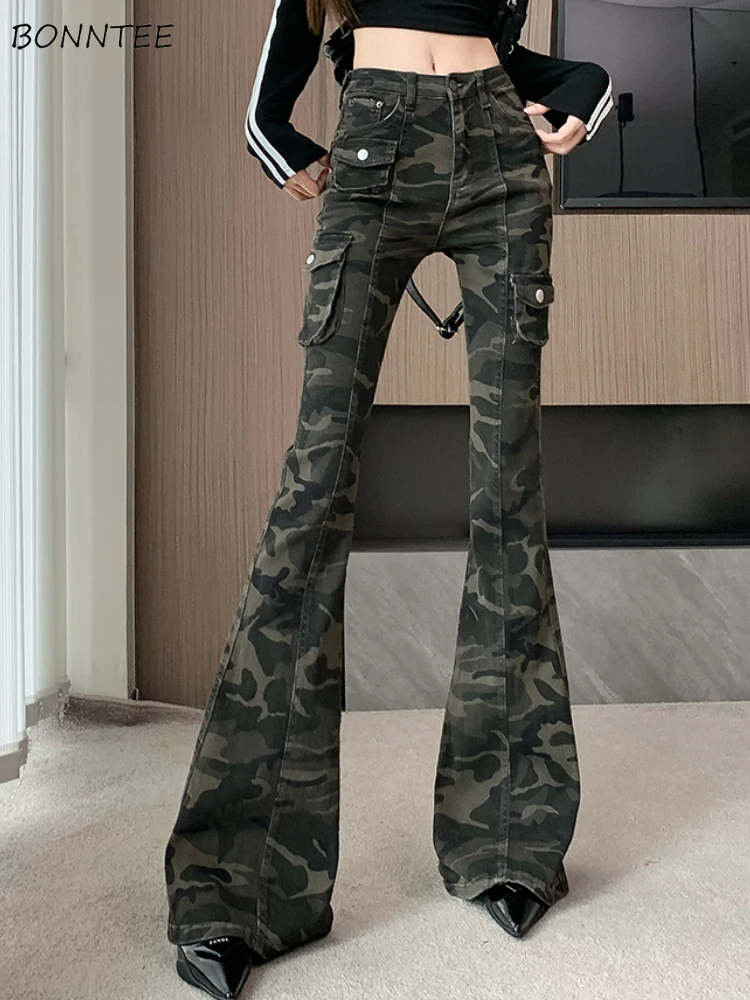 Camouflage Jeans Women Cargo Style American Vintage High Street Slim Mopping Flare Trousers Designed Streetwear Aesthetic Ins