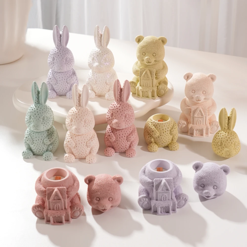 

Strawberry Bunny Rabbit Candle Jar Concrete Silicone Mold Bear Hold House Wax Melt Burner Plaster Storage Silicone Mould