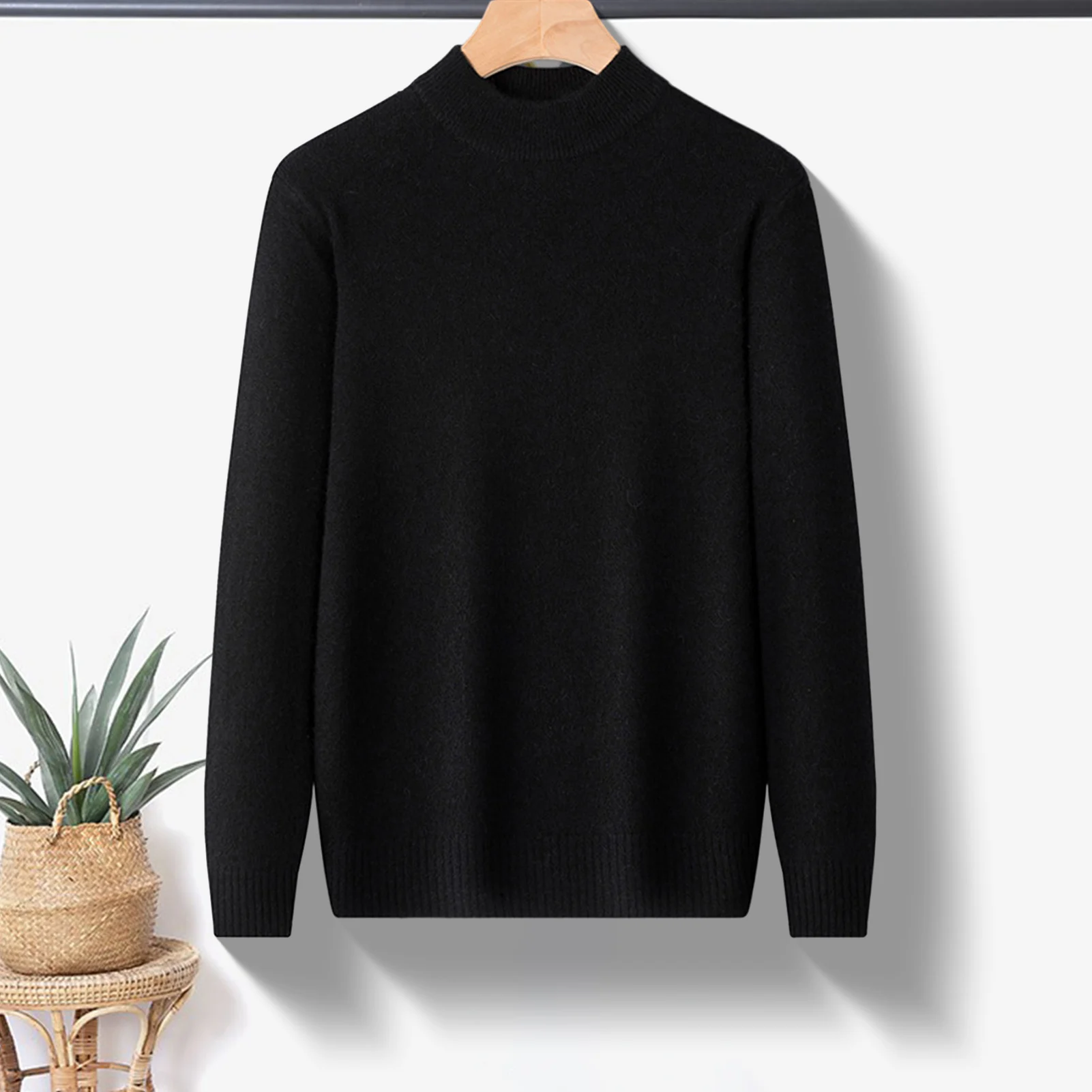 ผู้ชายถักเสื้อกันหนาว SLIM FIT รอบคอถักเสื้อกันหนาวสําหรับฤดูใบไม้ร่วงฤดูหนาวหนายืดหยุ่นแขนยาวสีทึบ Bottoming