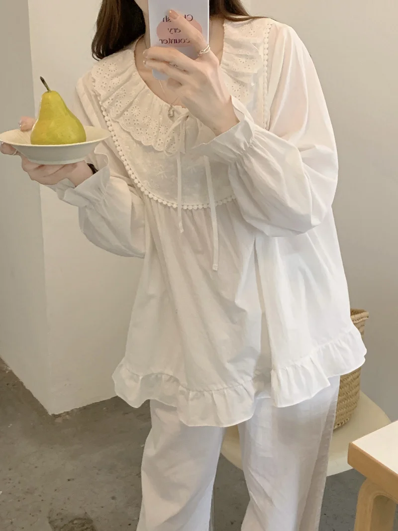 

lace crochet white hollow out sweet pajamas set women cotton casual korean sleepwear bow blouse + trouser kawaii home suit white