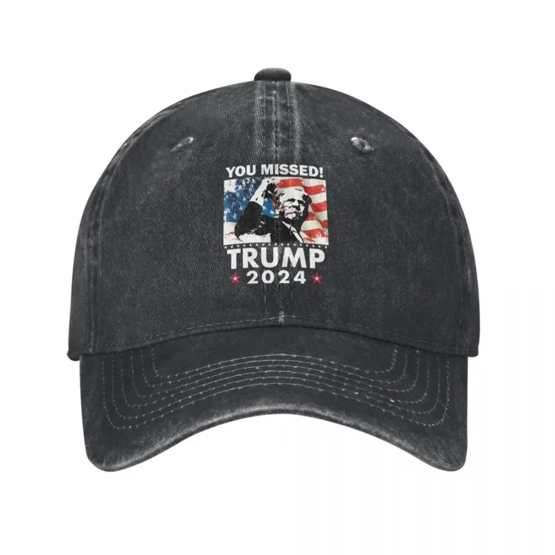 You Missed! Trump 2024 Fight Baseball Caps Vintage Distressed Denim Assassination Attempt Snapback Hat Unisex Outdoor Workouts