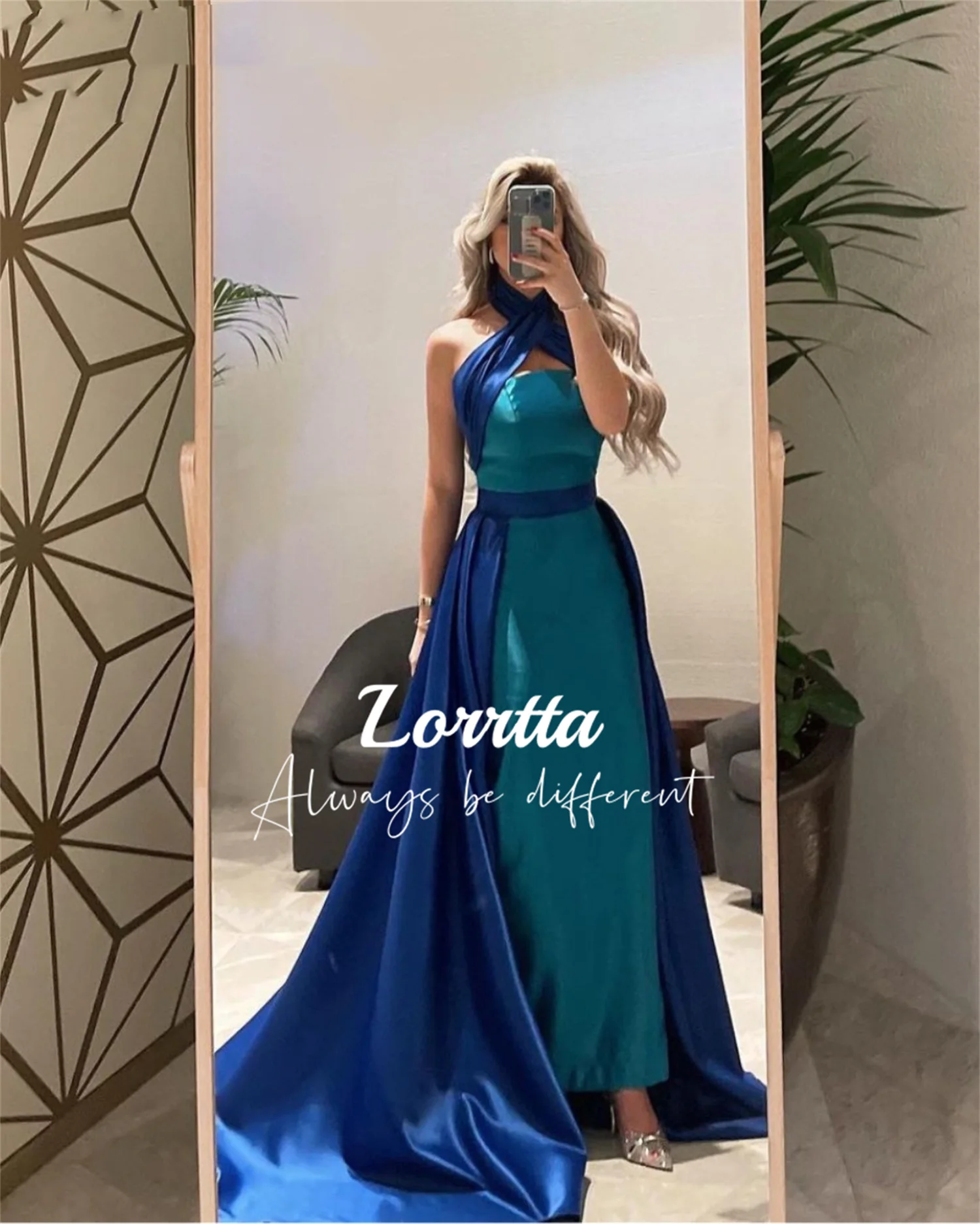 

Lorrtta Halterneck Evening Gown Floor Length Contrast Sleeveless Arabian Ball Gown Dresses for Prom Sexy Formal Party Gowns Gala